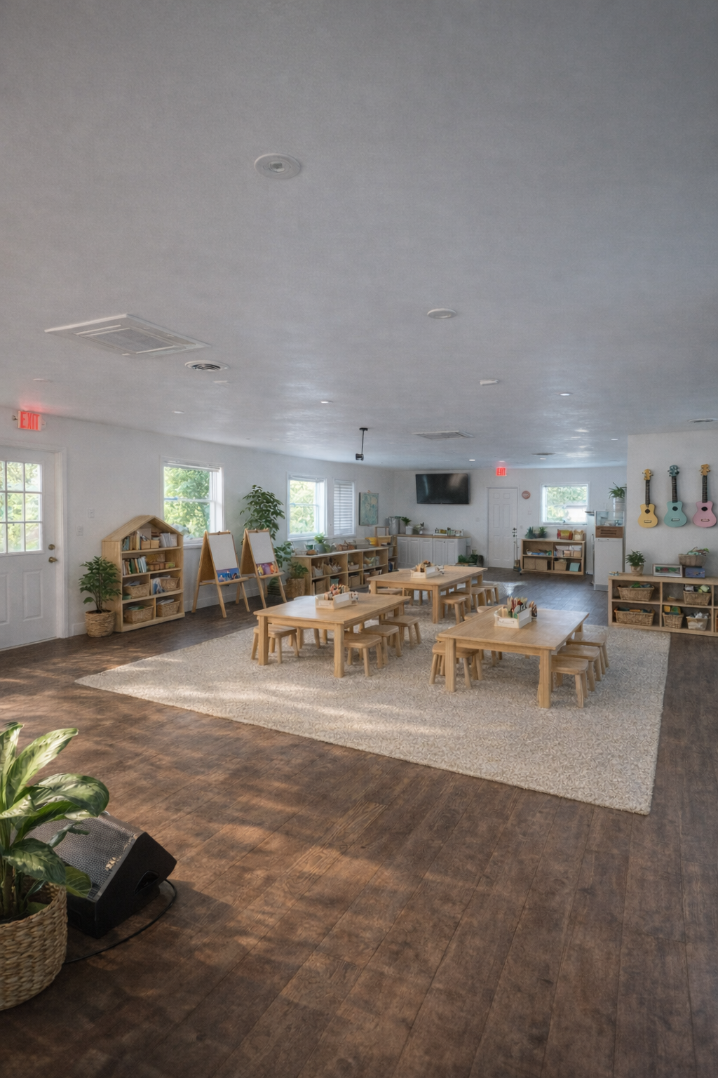 Covered outdoor classroom with shelves and tables
